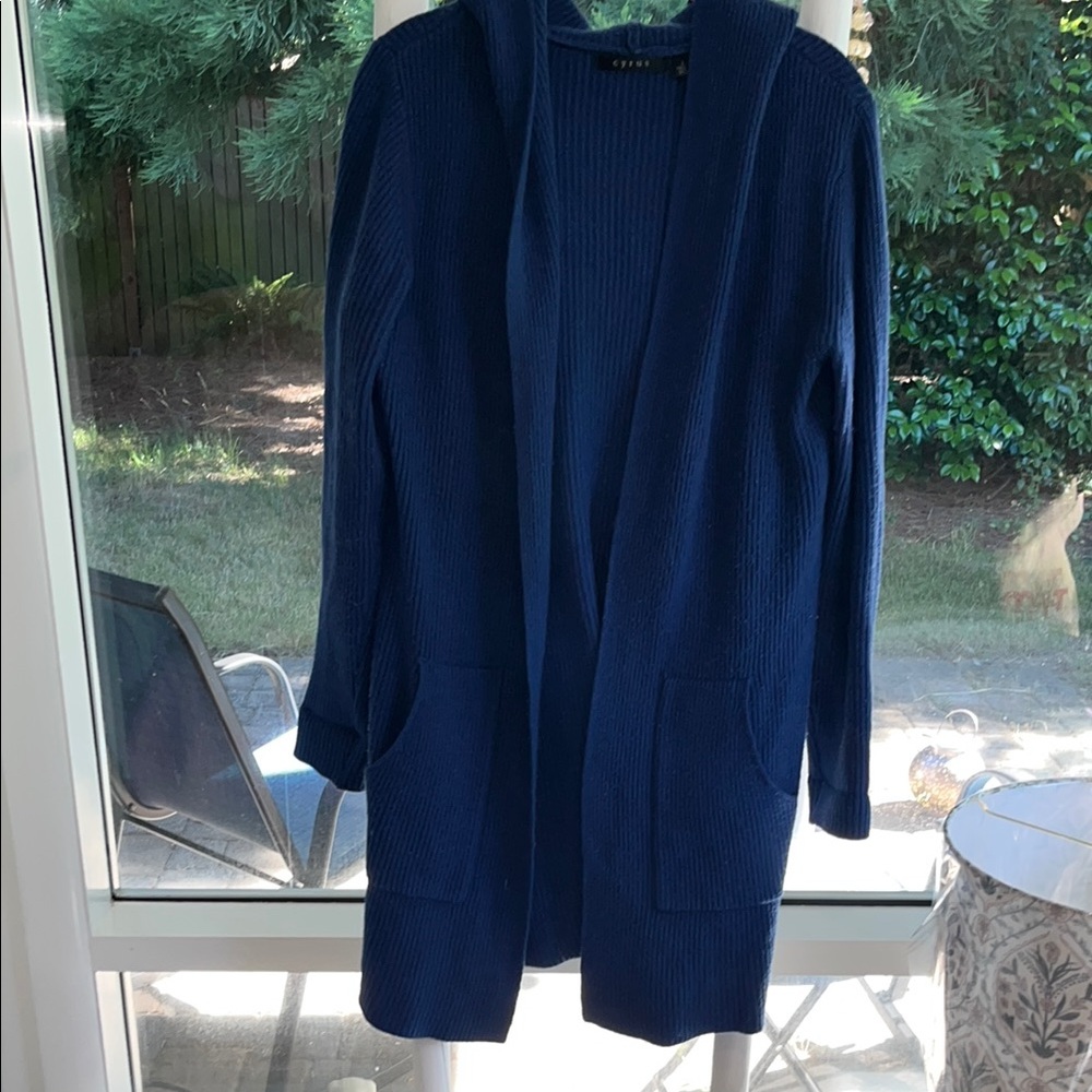 Cyrus Blue Hooded Cardigan Sweater Timeless Style